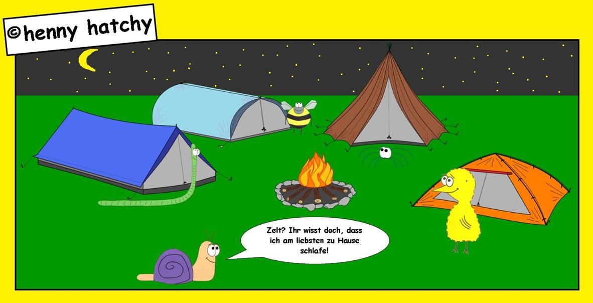 Henny hatchy Sniggel Wyrm Plumbee jimjams Küken Spinne Schnecke Hummel Regenwurm Wurm Comic Cartoon Zelt Zelte Camping zelten Lagerfeuer Hauszelt 